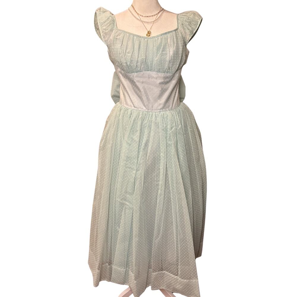 Vintage 1950s Ice Blue Dotted Swiss Organza Bridesmaid Dress Bow Back XS